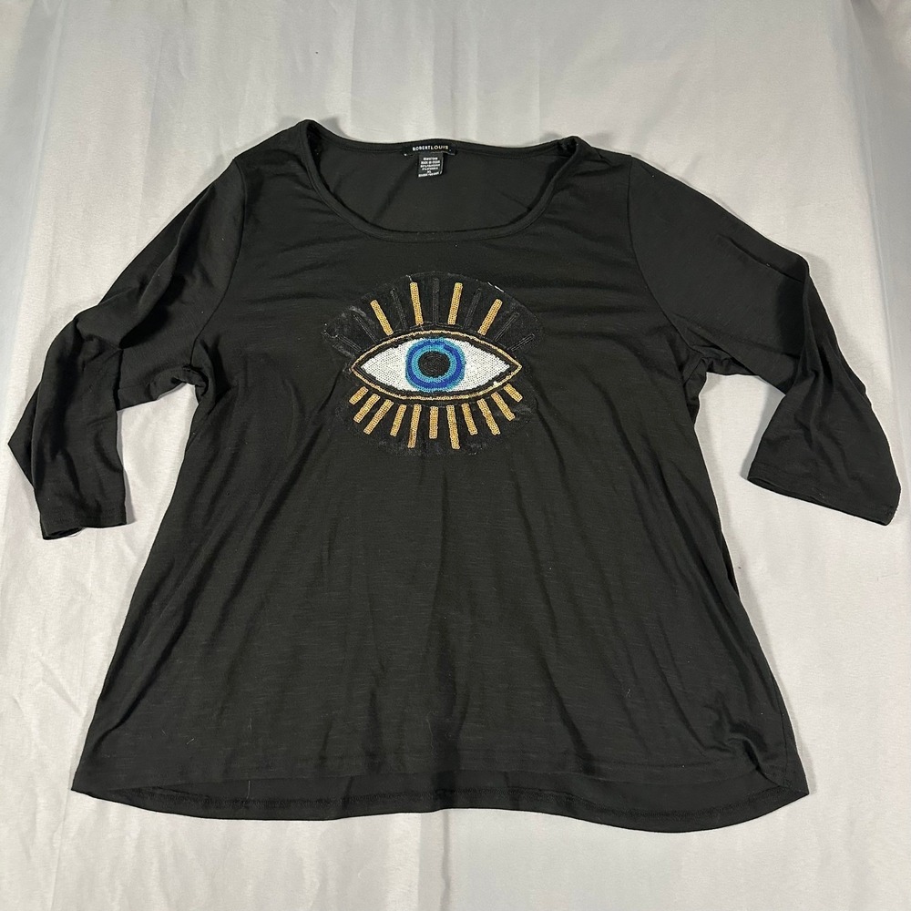 Robert Louis Womens XL Black Sequin Evil Eye Graphic 3/4 Sleeve Top